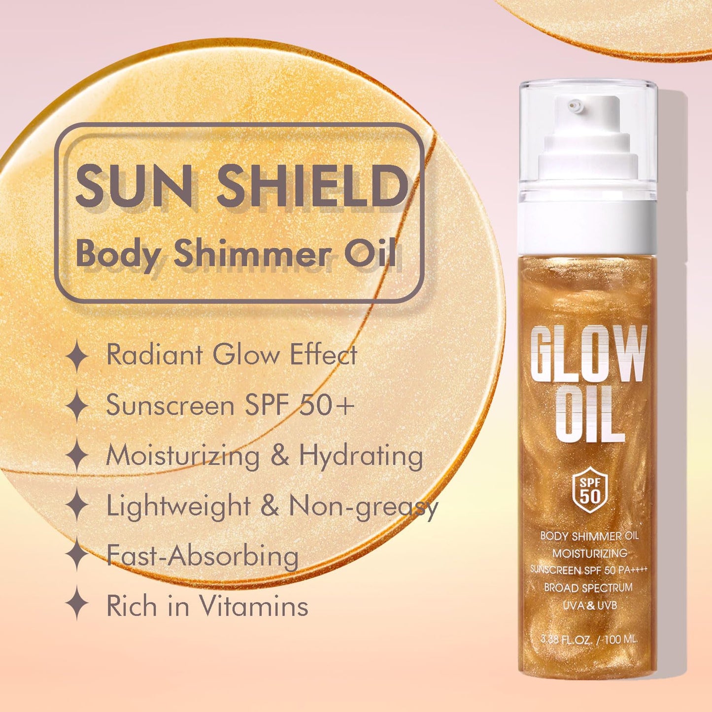 Body Glow Oil?SPF 50 Broad Spectrum??Lightweight Non-Sticky??Moisturizer?Sunscreen Body Oil with Gold Mica, Water Resistant, Glo