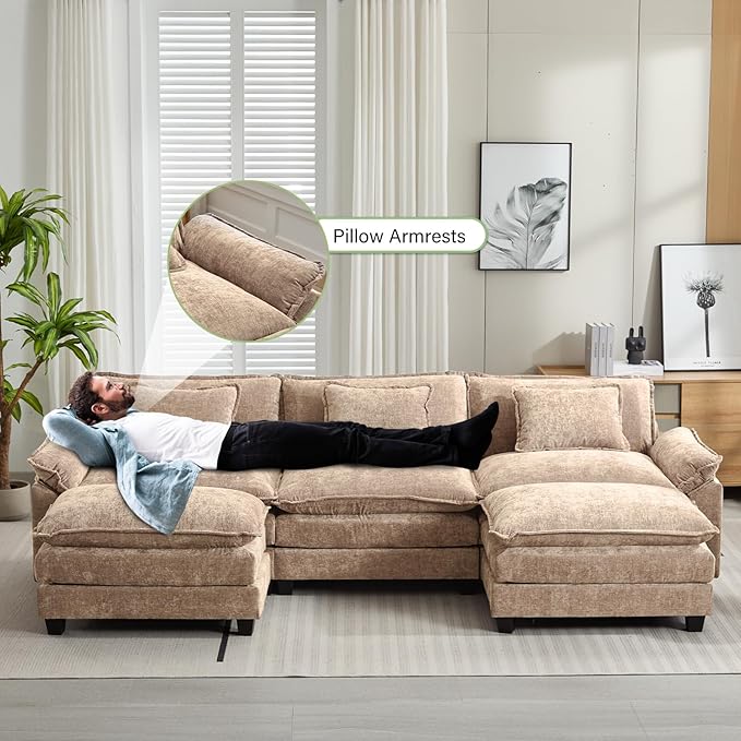 Oprisen 120" Modular Sectional Sofa, Comfy Cloud Couch Sectional Sofa with Ottoman, Chenille Sofa Sleeper Deep Seat Sofa with Throw Pillows for Living Room (Khaki, 120"- U Shape)