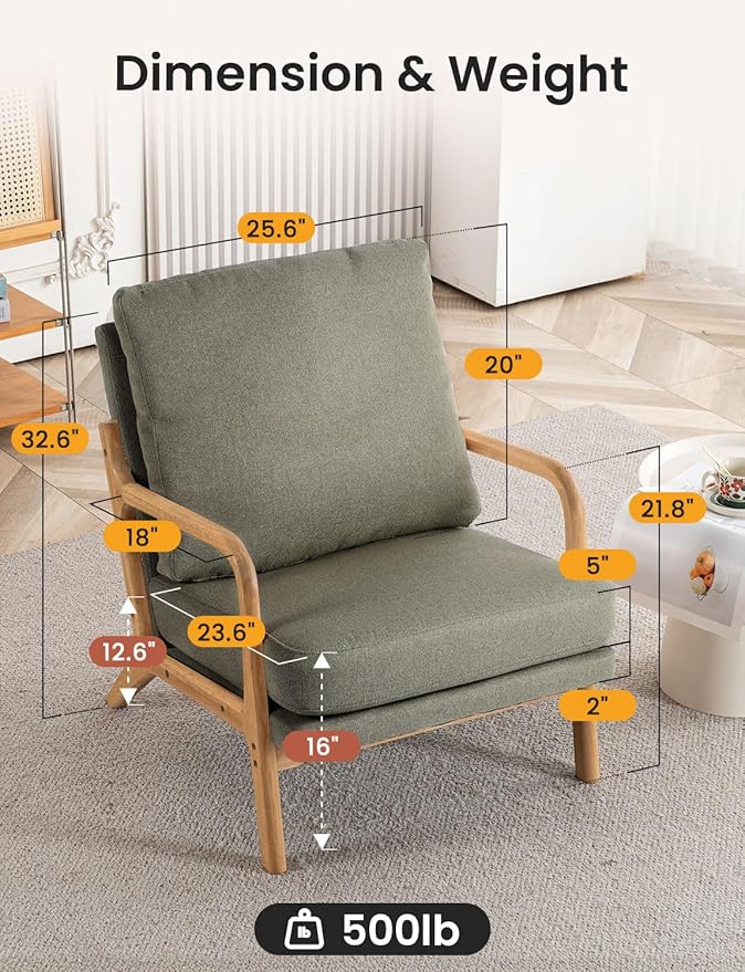 Mid Century Modern Accent Chairs for Living Room, 23” Wide Comfy Chair for Bedroom, Small Cozy Linen Reading Chairs for Adults, 108° Lounge Arm Chair Indoor with Detachable Cover, 5.5" Foam Cushion