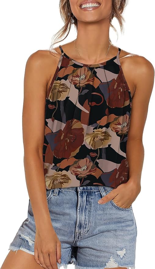WIHOLL Womens Pleated Tank Tops Spaghetti Strap Camisole Halter Tops Curved Hem Fashion 2025