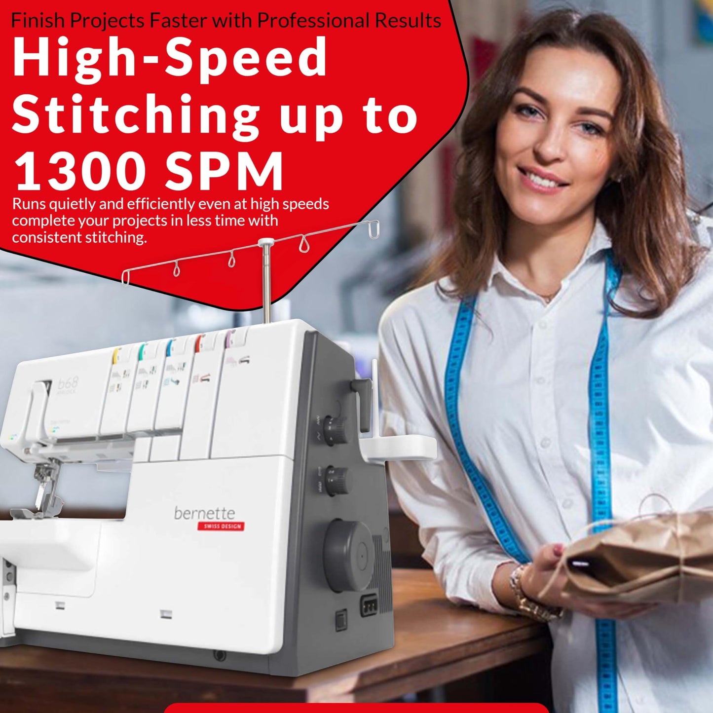Bernette B68 Airlock Serger Sewing Machine | Adjustable Stitch Length, 1300SPM, LED Light, 5 Thread Options, Presser Foot Adjustment | Scissors, Rotary Cutter, Threads Bundle, Cutting Mat