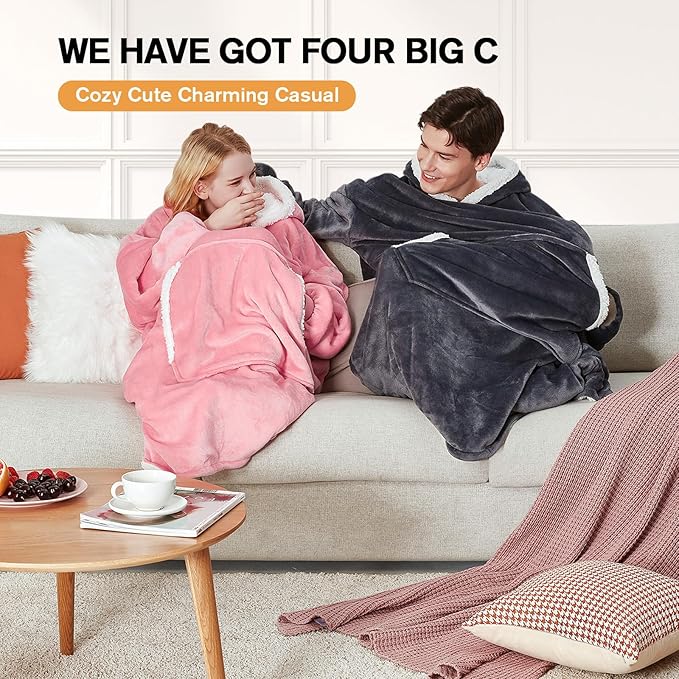 yescool Wearable Blanket Hoodie, Flannel Sherpa Fleece Blanket Sweatshirt for Adults Women Men,One Size Fits All