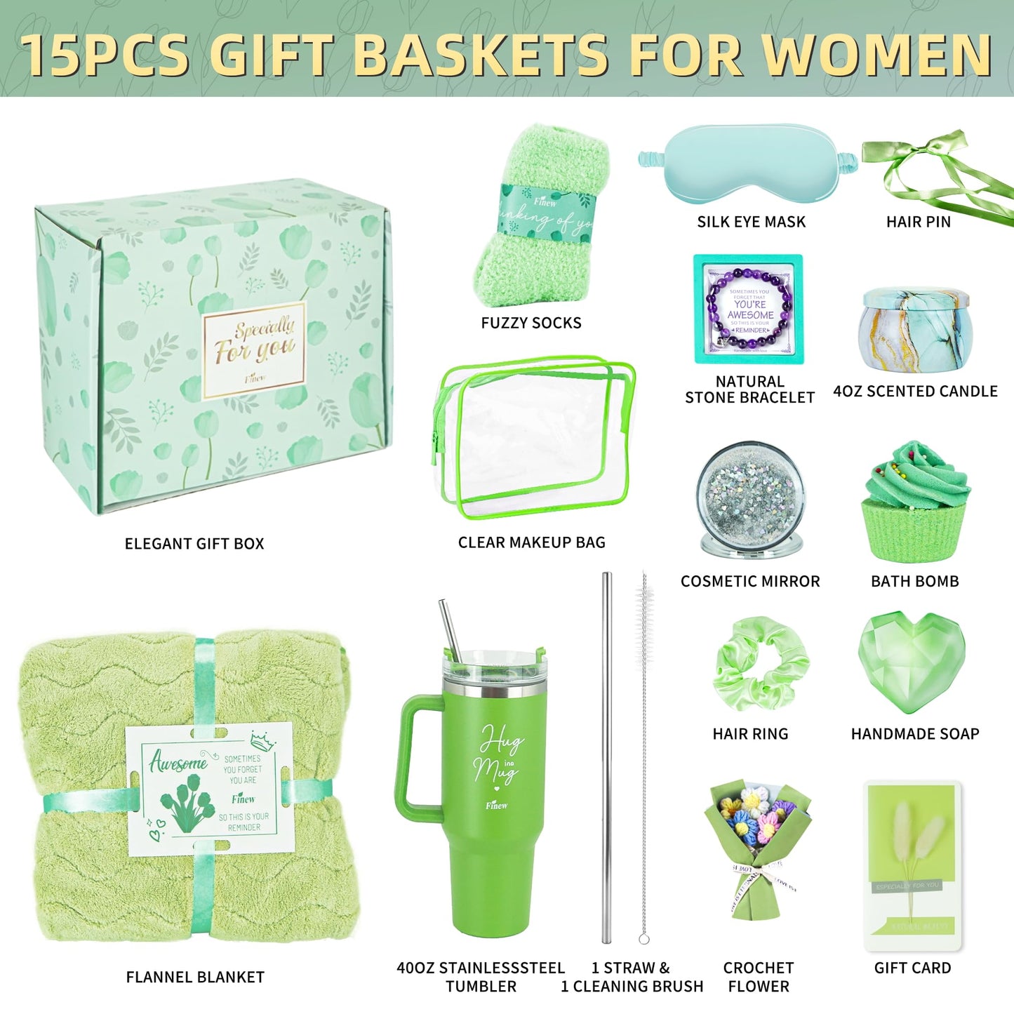 15PCS Birthday Gifts for Women, Relaxing Spa Gifts Baskets for Her, Care Package with Luxury Flannel Blanket and 40 oz Tumbler, Valentines, Mothers Day, Christmas Women's Gift for Mom, Wife, Friends