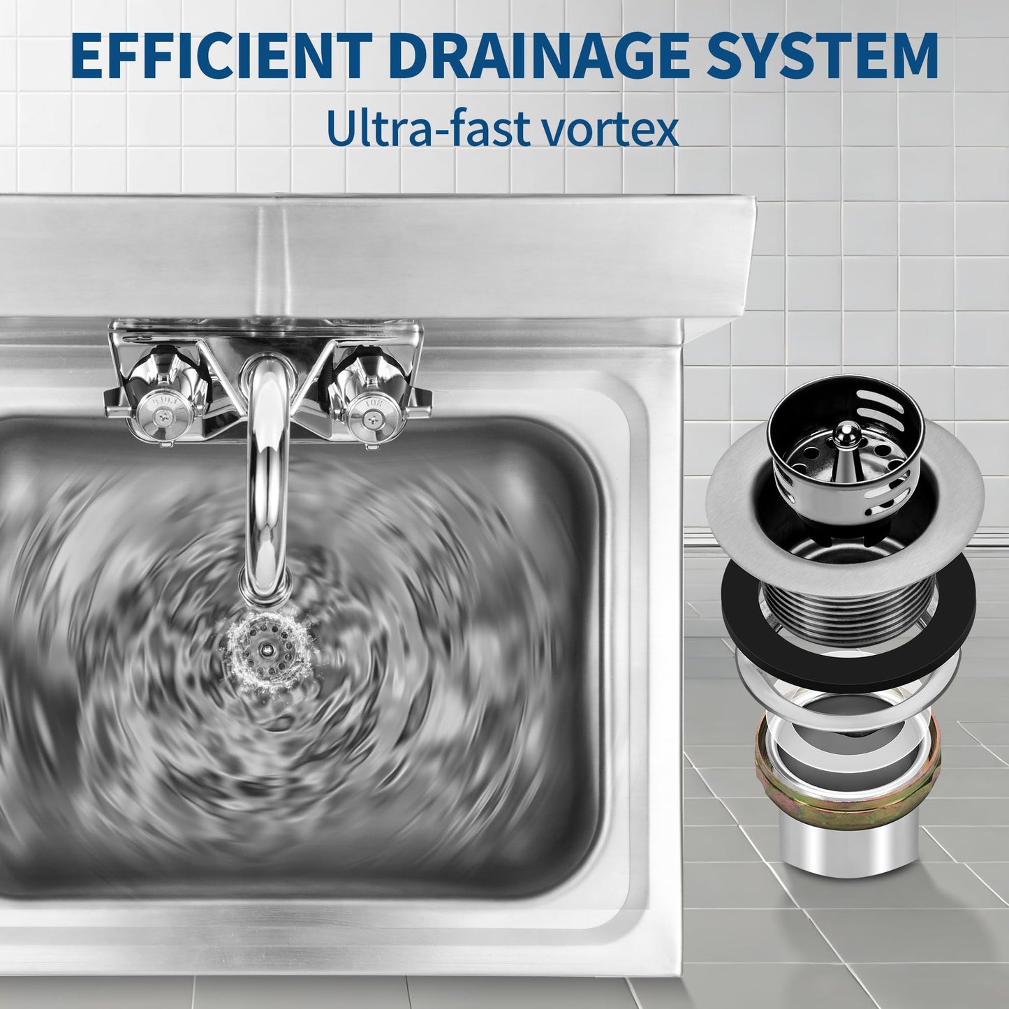 BIEAMA Stainless Steel Hand Sink NSF 17”x 15" Wall Mount Commercial Hand Washing Sink, with Strainer and Faucet, for Home, Stores, Restaurants, Bars