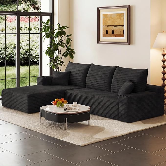 95" Cloud Sectional Couch with L-Shape Chaise, Modern Corduroy Boneless Couch for Living Room,Memory Foam Sofa with Deep Seat,No Assembly Required (Black,Left-Facing Chaise)
