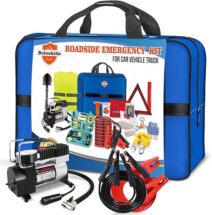 Emergency Car Kit,Roadside Emergency Tool Kit for Vehicle Truck with Air Compressor Jumper Cable First Aid Kit,Winter Auto...
