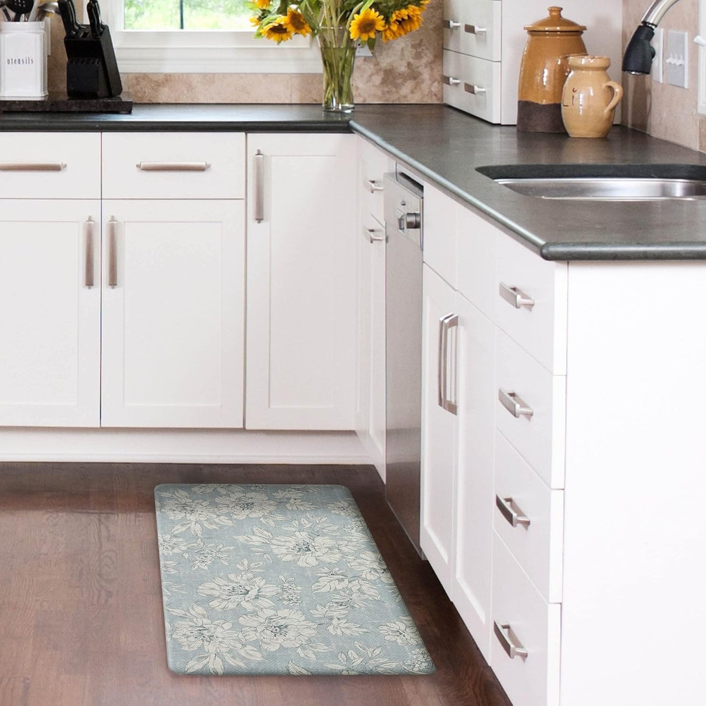 Laura Ashley - Anti-Fatigue Kitchen Mat, Iris Floral Design, Stain, Water & Fade Resistant, Cooking & Standing Relief, Non-Slip Backing, Measures 17.5" x 32", Light Blue Iris