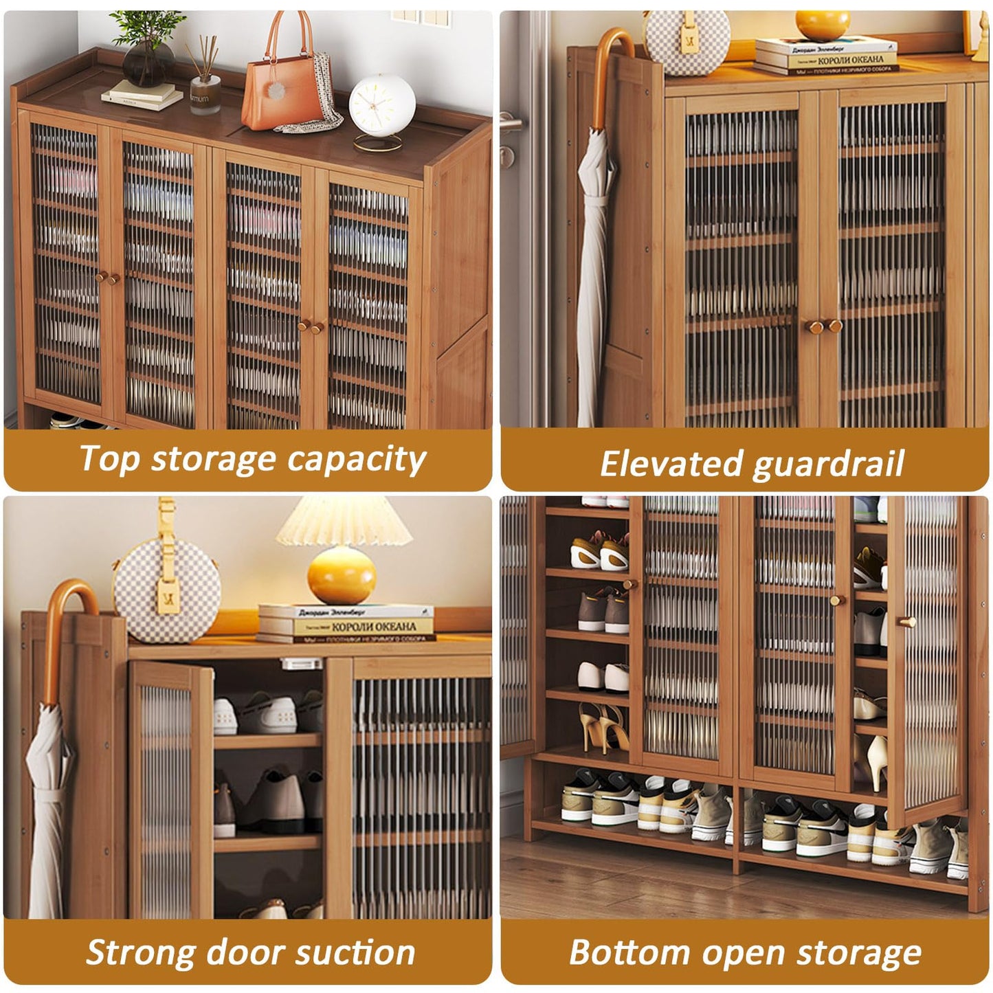 Bamboo Shoe Cabinet, 8-Tier Shoe Storage Cabinet with Doors, Freestanding Bamboo Shoe Rack Organizer with Shelves for Entryway, Hallway, Closet, Living Room (Brown-5)