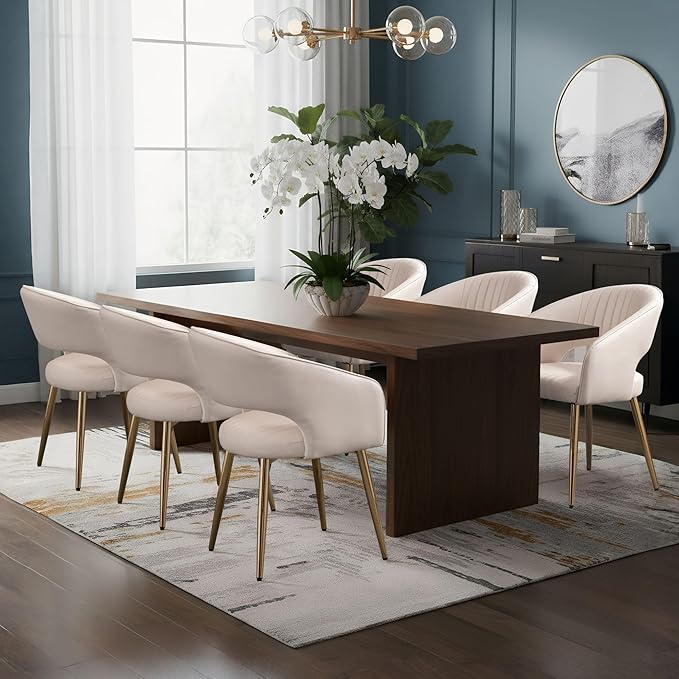 COMULER Faux Leather Dining Chairs Gold Legs, Modern Cream PU Leather Dining Room Chairs with Arms Set of 6 Upholstered Accent Chair Armchair with Barrel Back for Kitchen Living Room