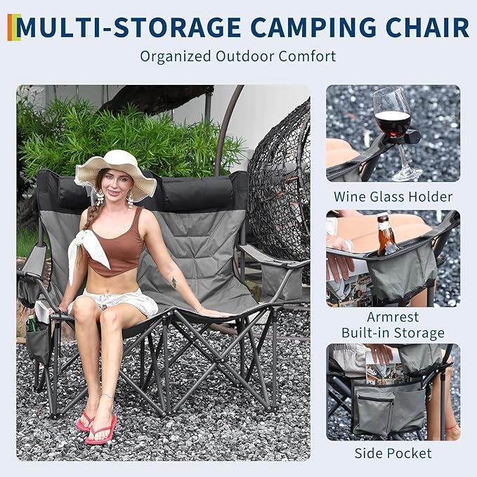 Oversized Double Camping Chairs, Heavy Duty Padded Loveseat Chair - 900 LBS Support for Adult - Comfortable Camping Chair with High Back & Pillow