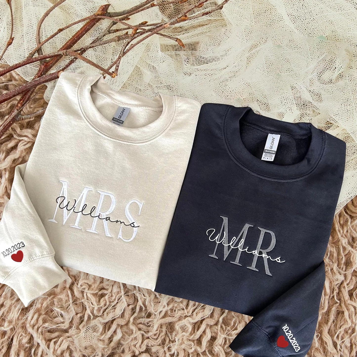 Givesmiles Custom Embroidered Mr & Mrs Sweatshirt & Hoodie, Personalized Couple Names, Custom Anniversary Date On Sleeve With Heart, Gifts For Wife, Husband, Gift For Anniversary, Couple Gifts