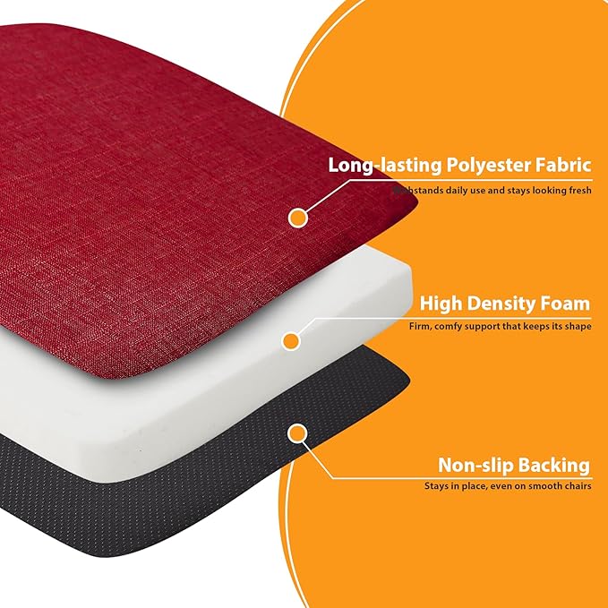 Ruqmuis Chair Cushions for Dining Chairs, 2" Thick Seat Cushions for Kitchen Chairs, D-Shaped Chair Pads with Washable Cover, Ties and Non Slip Backing, 17'' x 16'', Set of 4, Red