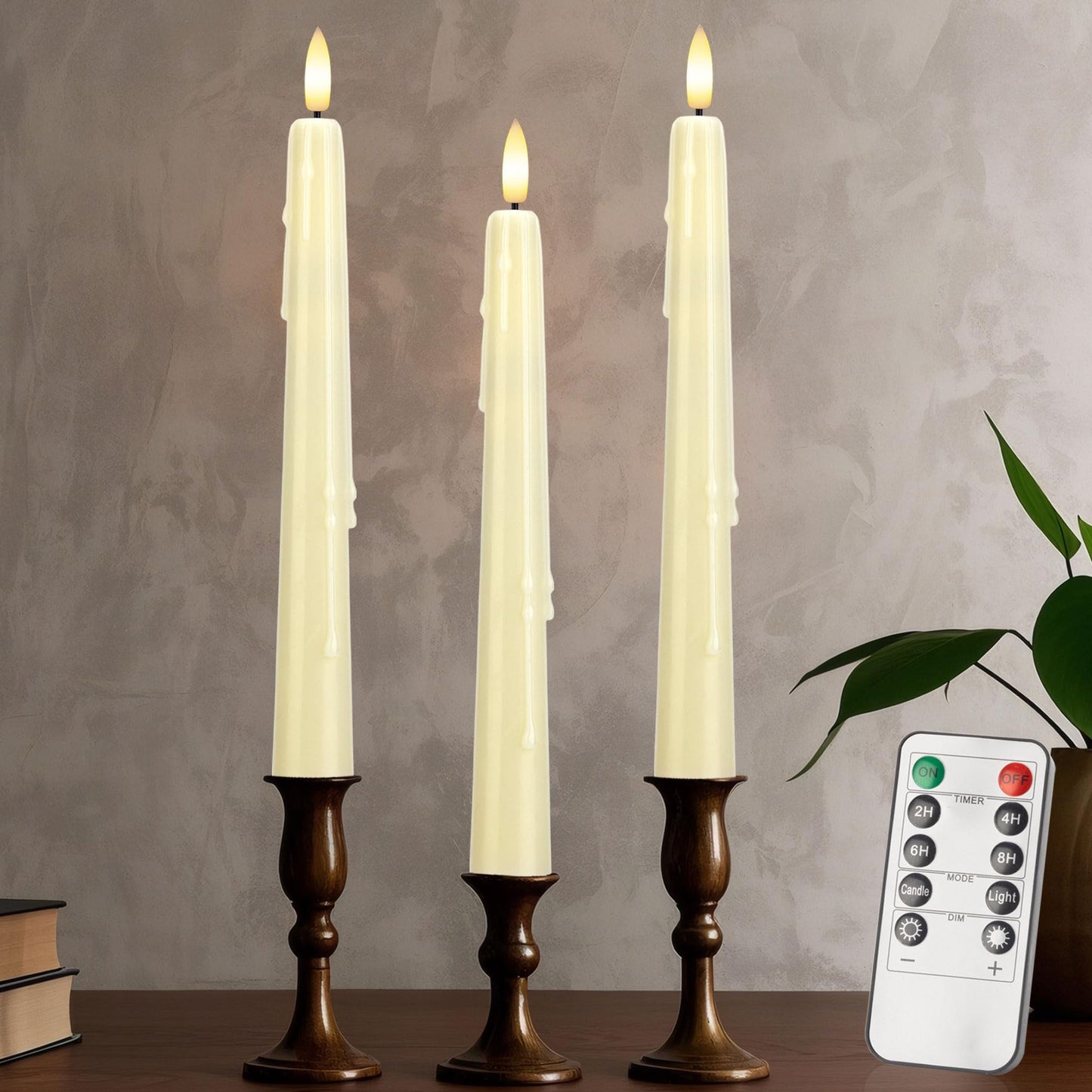 AFINETH Flameless Taper Candles with Rmote, 9.6" Dripless Battery Operated Candles, 3 Pack Real Wax Led Candle Flickering Candlesticks with 3D Flame, Fake Candles for Home, Wedding, Party, Ivory