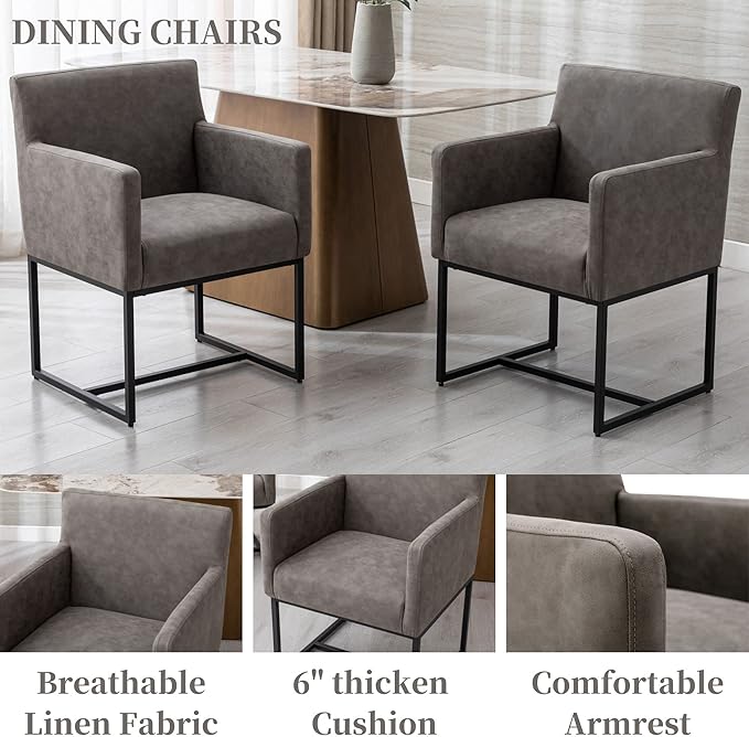 Set of 6 Upholstered Dining Chairs with Armrest, PU Leather Modern Accent Armchairs, Kitchen & Dining Room Chairs Side Chairs, Grey