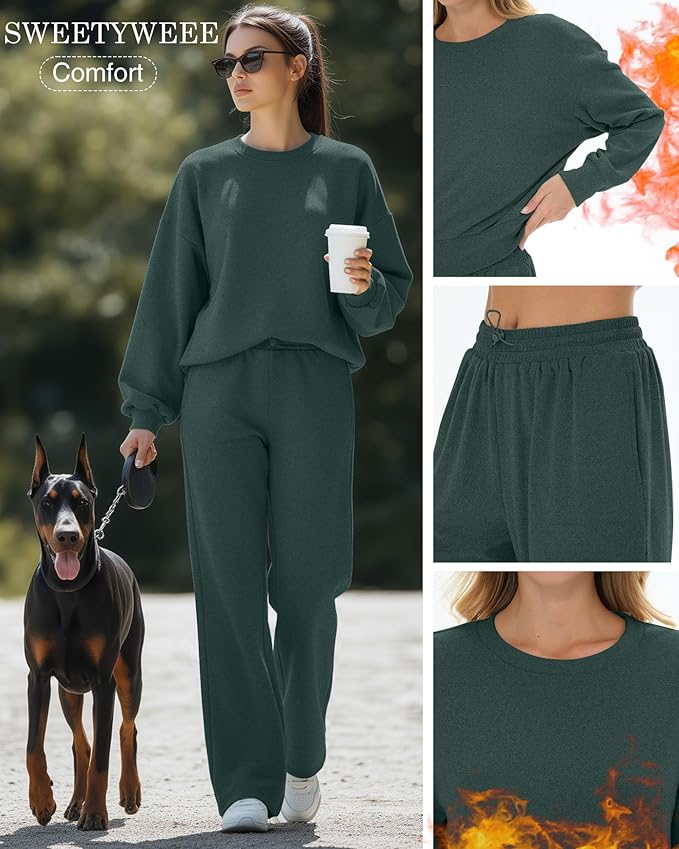 Sweetyweee Women's 2 Piece Outfits Set Fleece Lined Lounge Sweatsuit Crewneck Pullover Top Wide Leg Pants Casual Tracksuit