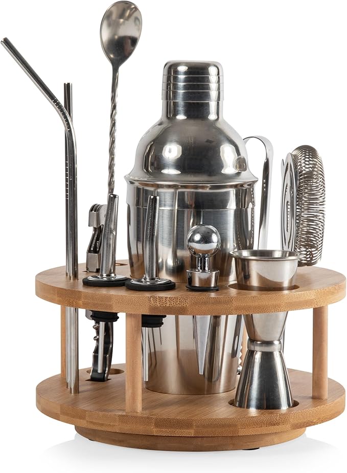 PICNIC TIME Lazy Susan Bar Tool Set, 12-piece Bartender Kit in Lazy Susan, Cocktail Set in Round Wooden Turntable, Mixolog...
