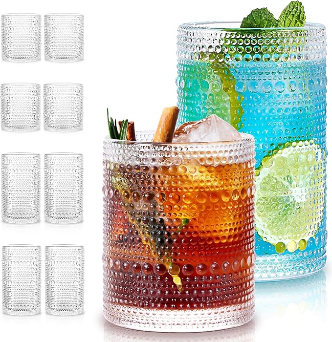 Potdoctor Hobnail Drinking Glasses Set of 8, 4 Highball Glasses 15oz,4 Rocks Glasses 12oz,Mixed Drink Cocktail Glass, Vint...