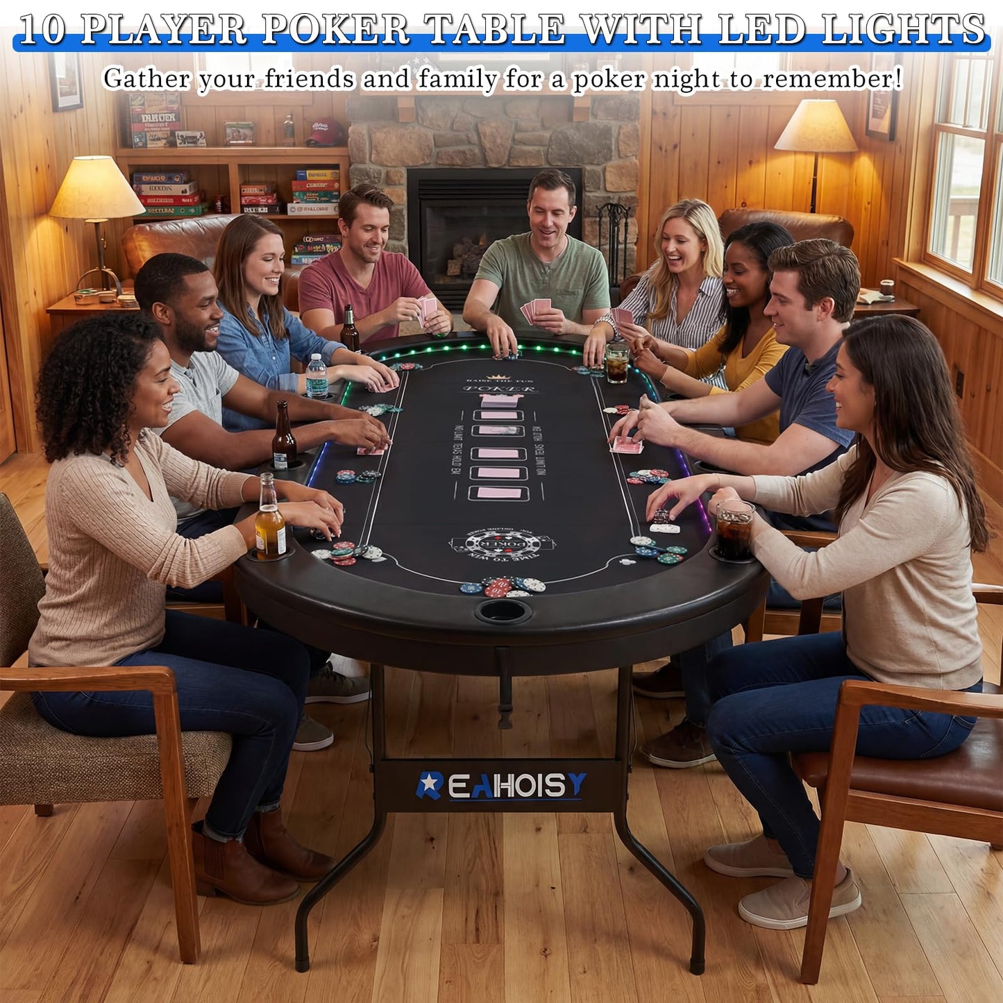 REAHOISY LED Poker Table, 84" 10 Players Oval Foldable Texas Holdem Casino Table with Tri-Color LED Lights, Board Game Table for Home Game Room with 10 Cup Holders and Padded Armrests