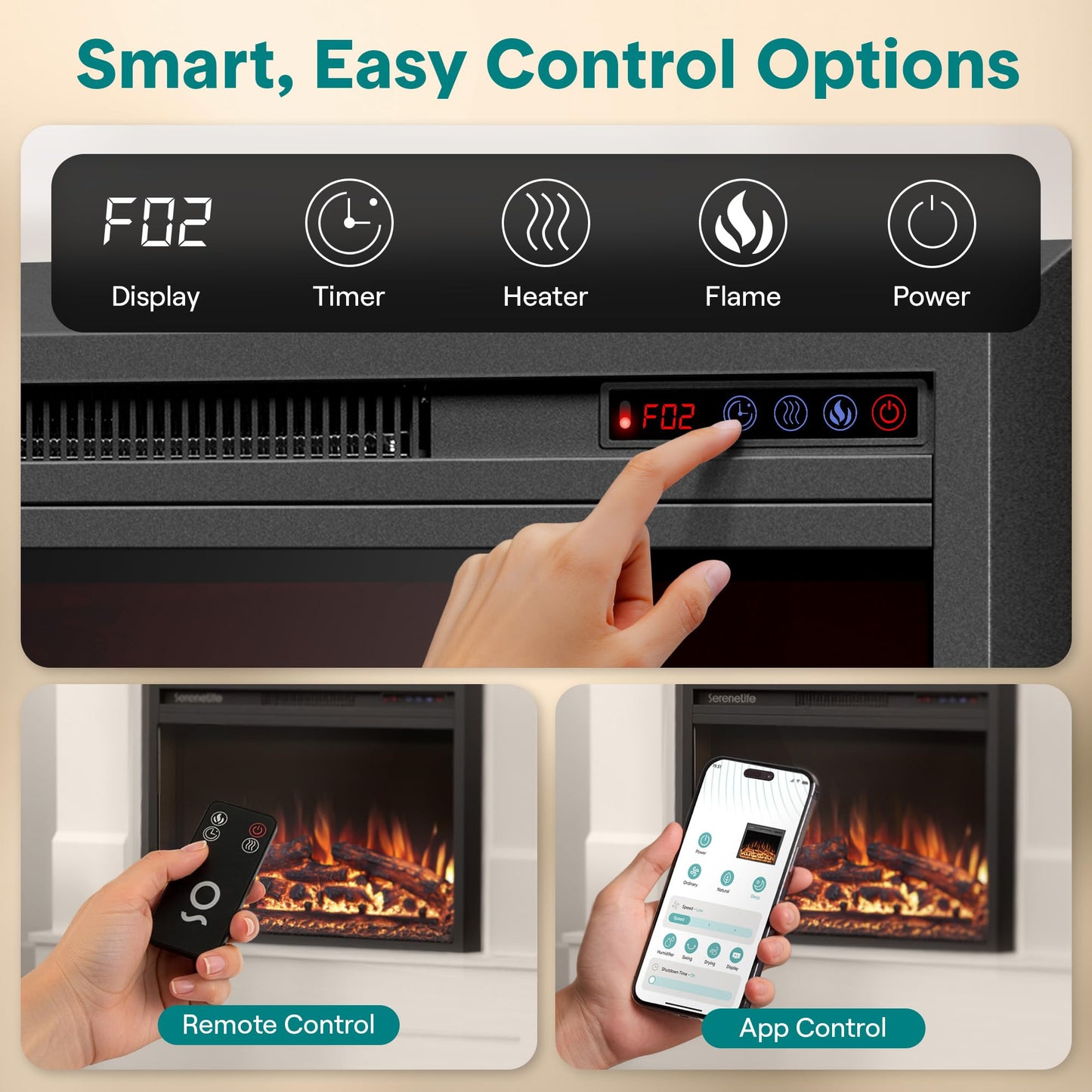 SereneLife Electric Fireplace Insert with Heater | Smart Wi-Fi App Control & Remote | 700W/1500W Adjustable Thermostat with Overheat Protection | 29"x21" Recessed or Wall Mount Design