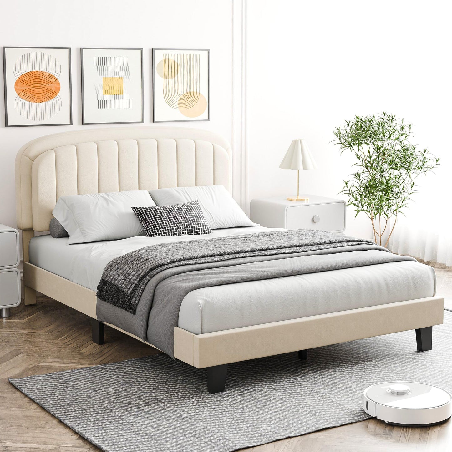 Cozy Castle Queen Bed Frame, Upholstered Platform Bed with Velvet Adjustable Curved Headboard, Mattress Foundation with Strong Wooden Slats, No Box Spring Needed, Easy Assembly, Cream