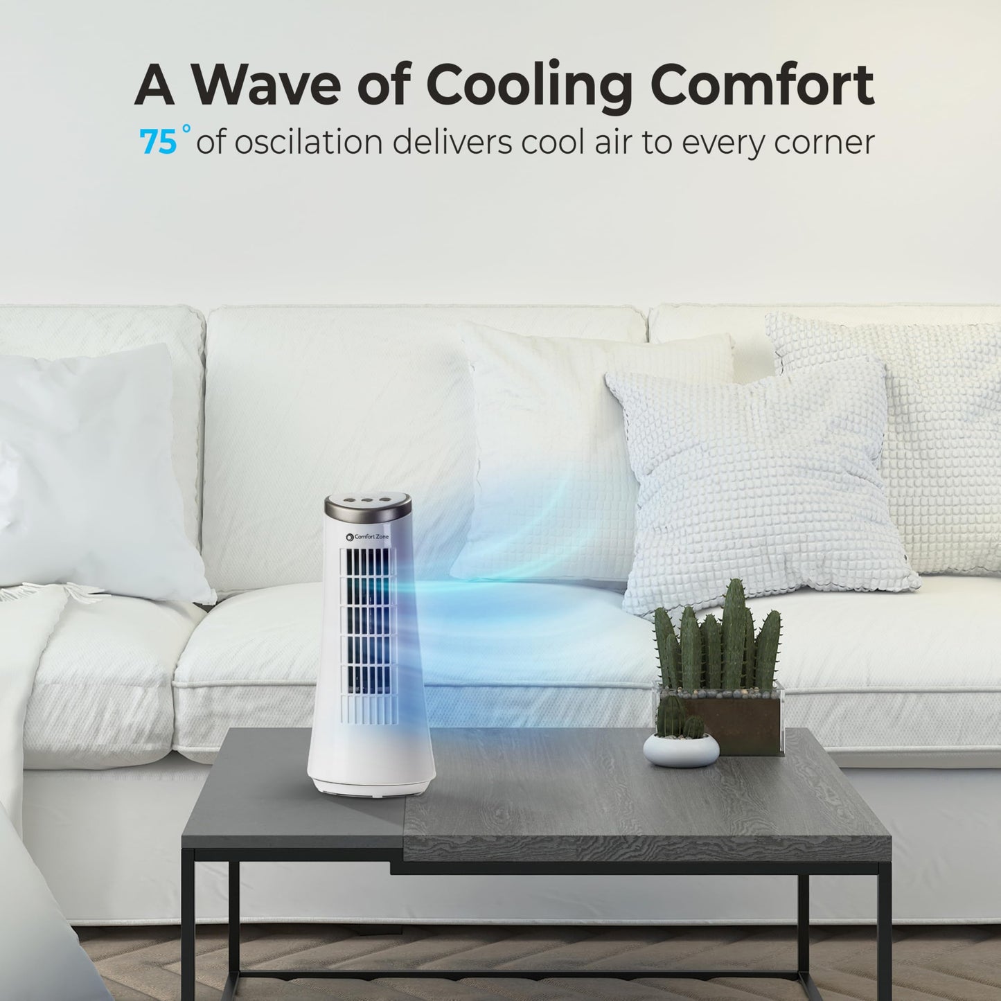 Comfort Zone 12-Inch Oscillating Desktop Tower Fan, Ultra-Slim Bladeless Design With 2 Speeds, Electronic Touch Controls & Carry