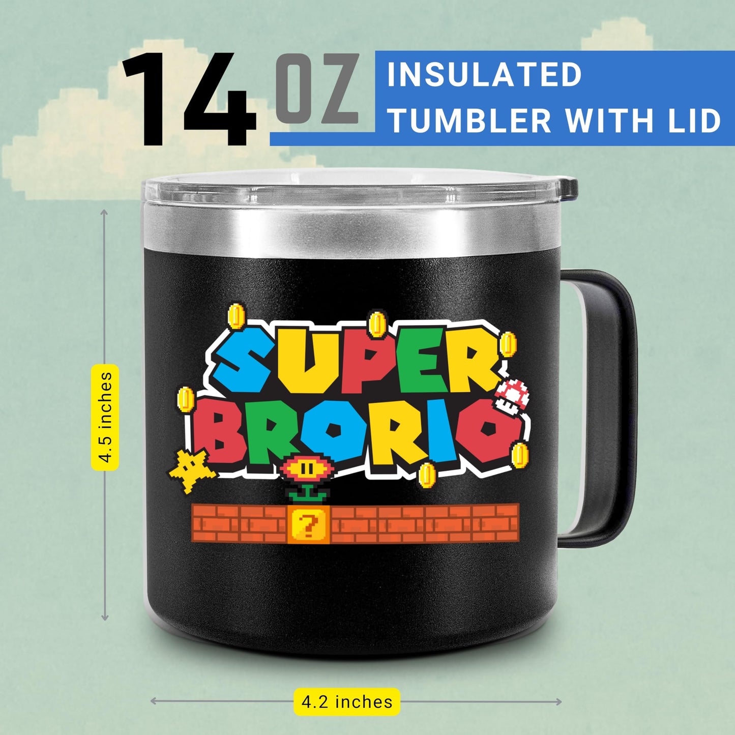 CHUSUKASU Gifts for Brother from Sister, Funny Birthday Present, Big Brother Gifts for Boy, Cool Ideas for Adult Older Bros, Super Brorio Mug Tumbler 14Oz - Insulated Coffee Cup with Lid and Gift Box
