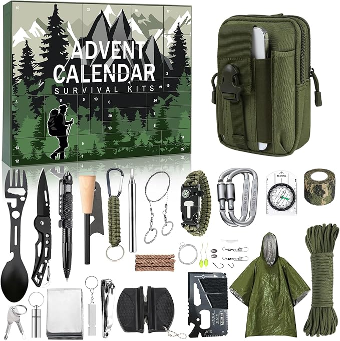 MH MYLUNE HOME Tactical Survival Calendar - 24 Days Xmas Countdown Advent with Waist Pack, Fire Bellows & Poncho | Premium...