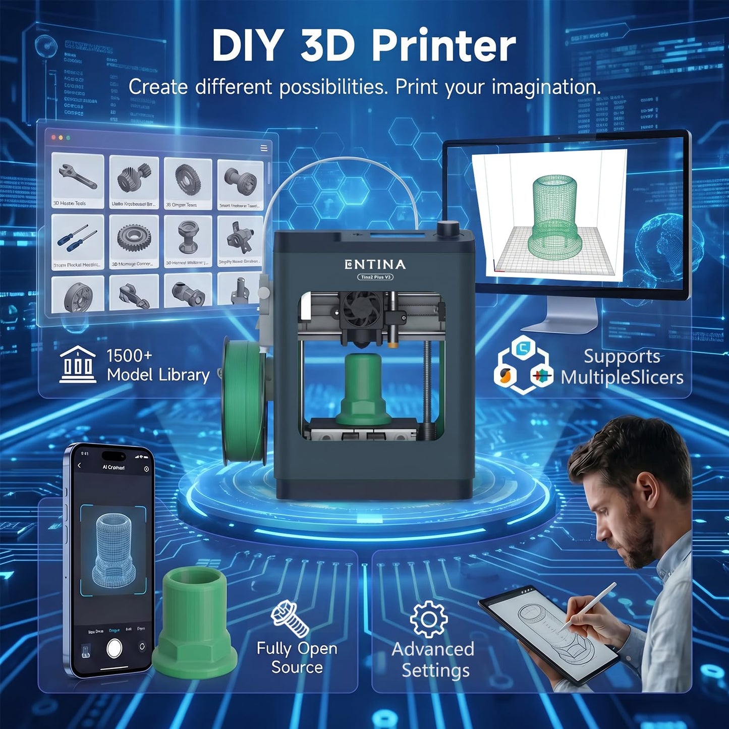ENTINA TINA2PLUS 3D Printer,250 mm/s Fast Printing,Fully Assembled,Auto Leveling,245℃ Quick-Detach Nozzle,Dual-Sided PEI Coating Plate,Mini 3D Printer with Wi-Fi & App Control-from Beginners to Makers