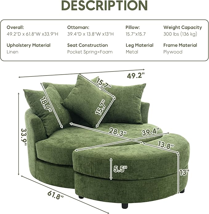 Yoglad Oversized Round Swivel Accent Chair - Modern 360 Degree Barrel Chairs with Storage Ottoman, for Living Room, Bedroom(Chenille - Green)