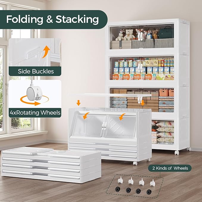 135Gal Stackable Storage Bins with Lid and Wheels, 540QT Plastic Collapsible Storage Boxes with Doors, Closet Organizer and Storage Cabinet for Home Kitchen Office Dorm Room, 3Pack White