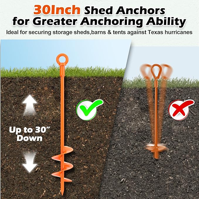 30" Ground Anchors Shed Anchors Kit with 3/16" 75FT Galvanized Cable & M6 304 Stainless Steel Turnbuckles, Heavy Duty Earth Anchors for Sheds Trees Trampoline Greenhouse Swing Set Tent, 4Pack Orange
