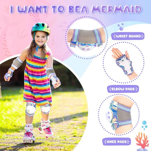 NEMONE Mermaid Inline Skates (Purple L) with Protective Gear Set Knee Elbow Wrist Guards Pads for Kids Girls (Size M)