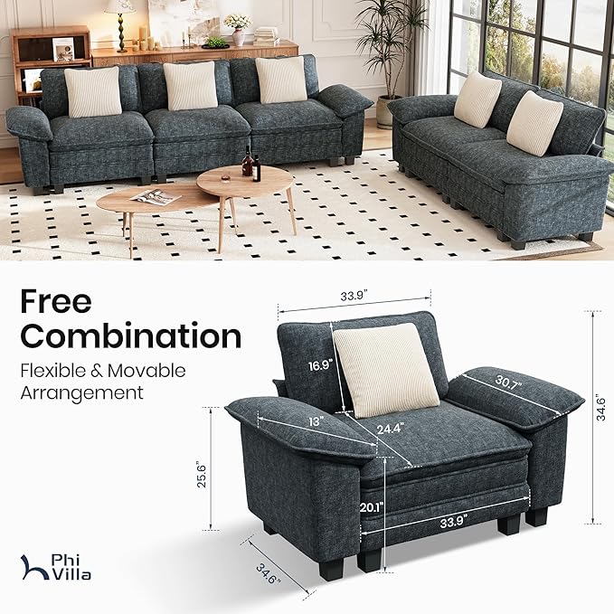 PHI VILLA Cloud Modular Couches Sets, 2 Pieces Comfy Sectional Sofa Set with Loveseat, 5-Seater Upholstered Couch for Living Room, Chenille Fabric, Dark Cyan