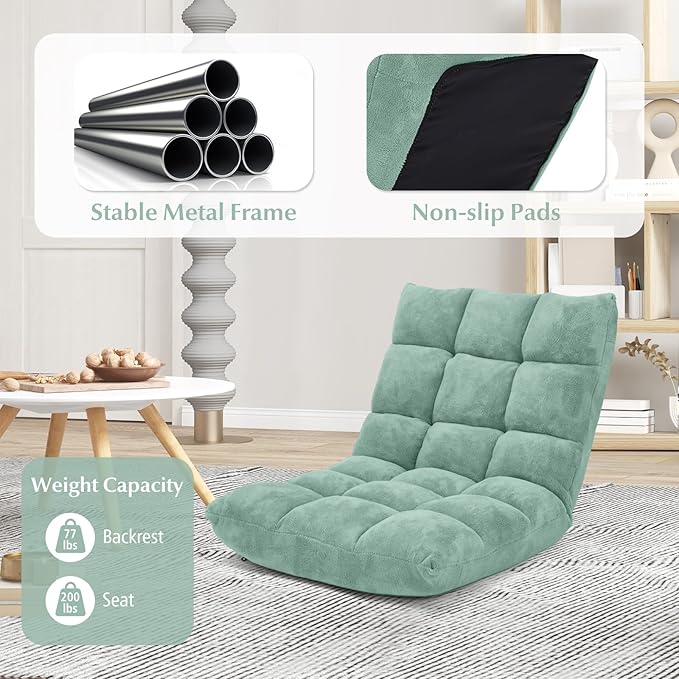 ARLIME Adjustable Floor Chair, 14-Position Lazy Sofa Chair with Back Support & Thick Padding, Portable Foldable Floor Couch for Adults, Kids, Use in Bedroom, Living Room, Home Theater (Green)