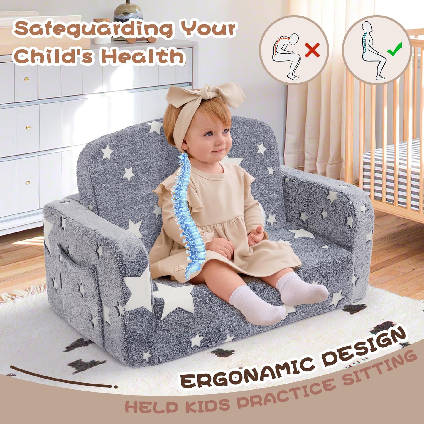 Foryoomi Extra Wide Kids Couch, 2-in-1 Soft Toddler Couch with Blanket, Glow in The Dark, Comfy Toddler Chair with Cloud Pillow, Convertible Sofa to Lounger, Star