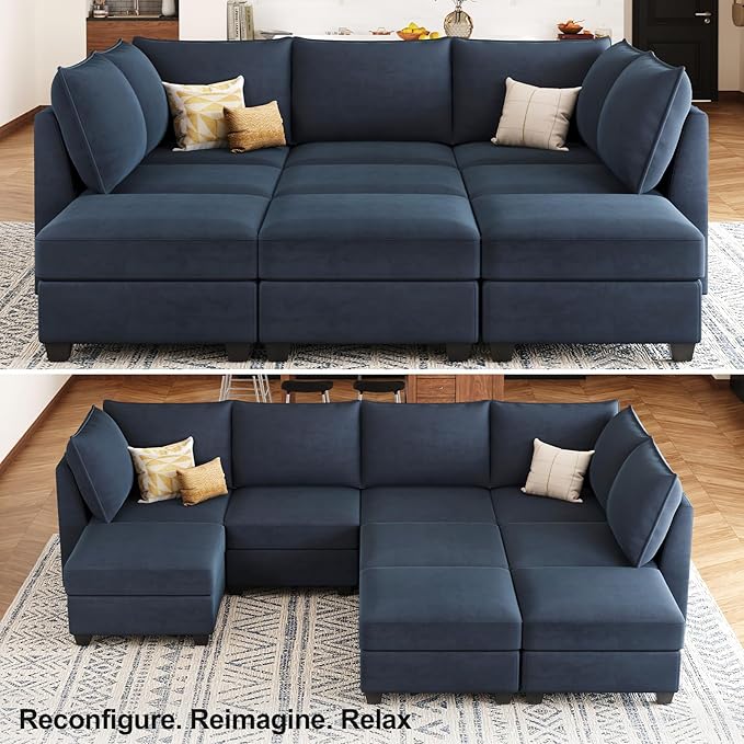 Belffin Modular Sectional Sofa Bed with Storage, 9-Seater Velvet Reversible Sleeper Couch for Living Room, Blue