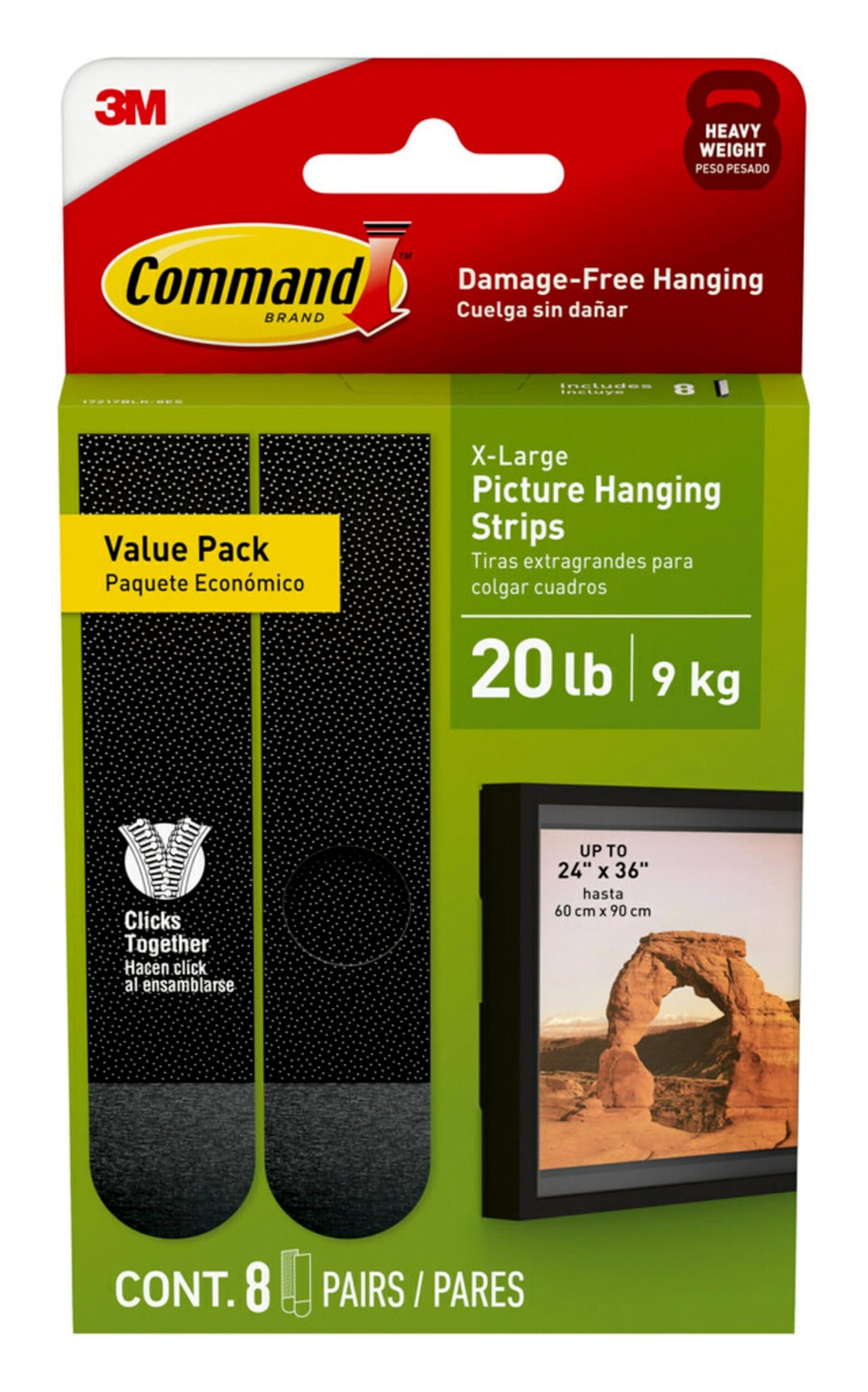 Command 20 lb XL Heavyweight Picture Hanging Strips 8 Pairs (16 Command Strips), Damage Free Picture Hangers, Heavy Duty Wall Hanging Strips for Home Decor, Black Adhesives