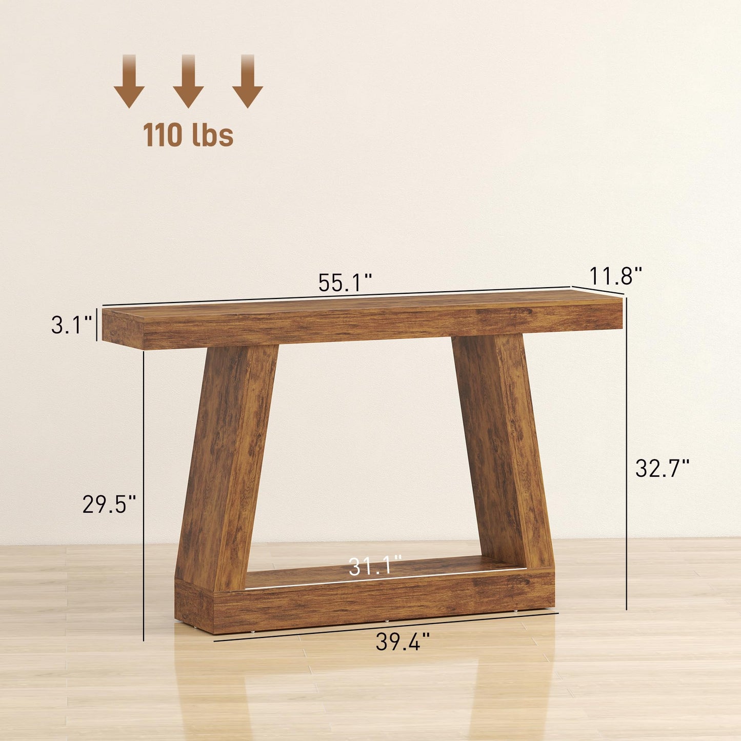 HOMCOM 55.1" Entryway Table, 2-Tier Farmhouse Console Table with Thickened Tabletop, Storage Shelf and Trapezoidal Base for Entryway, Behind Couch Sofa, Living Room, Hallway, Entrance, Rustic Brown