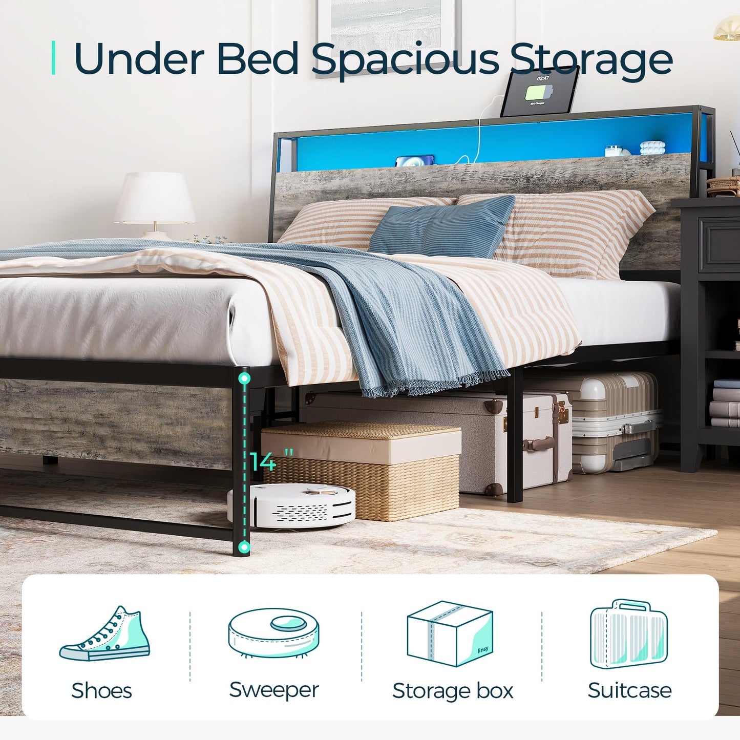 LINSY Queen Bed Frame with Ergonomic Headboard, Platform Metal Bed Frame with RGB Lights, Outlets & Charger, 45 Minutes Fast Assembly Bed Queen Size with Storage, No Box Spring Needed, Greige