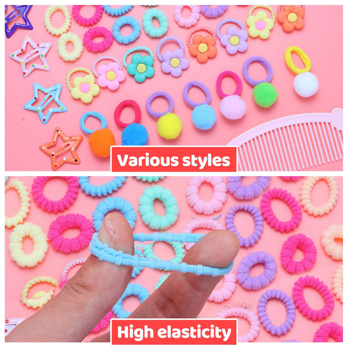 Small Elastic Hair Ties Hair Accessories for Girls，Colorful Baby Rubber Hair Bands Set with Hair Clips Hair Styling Tools