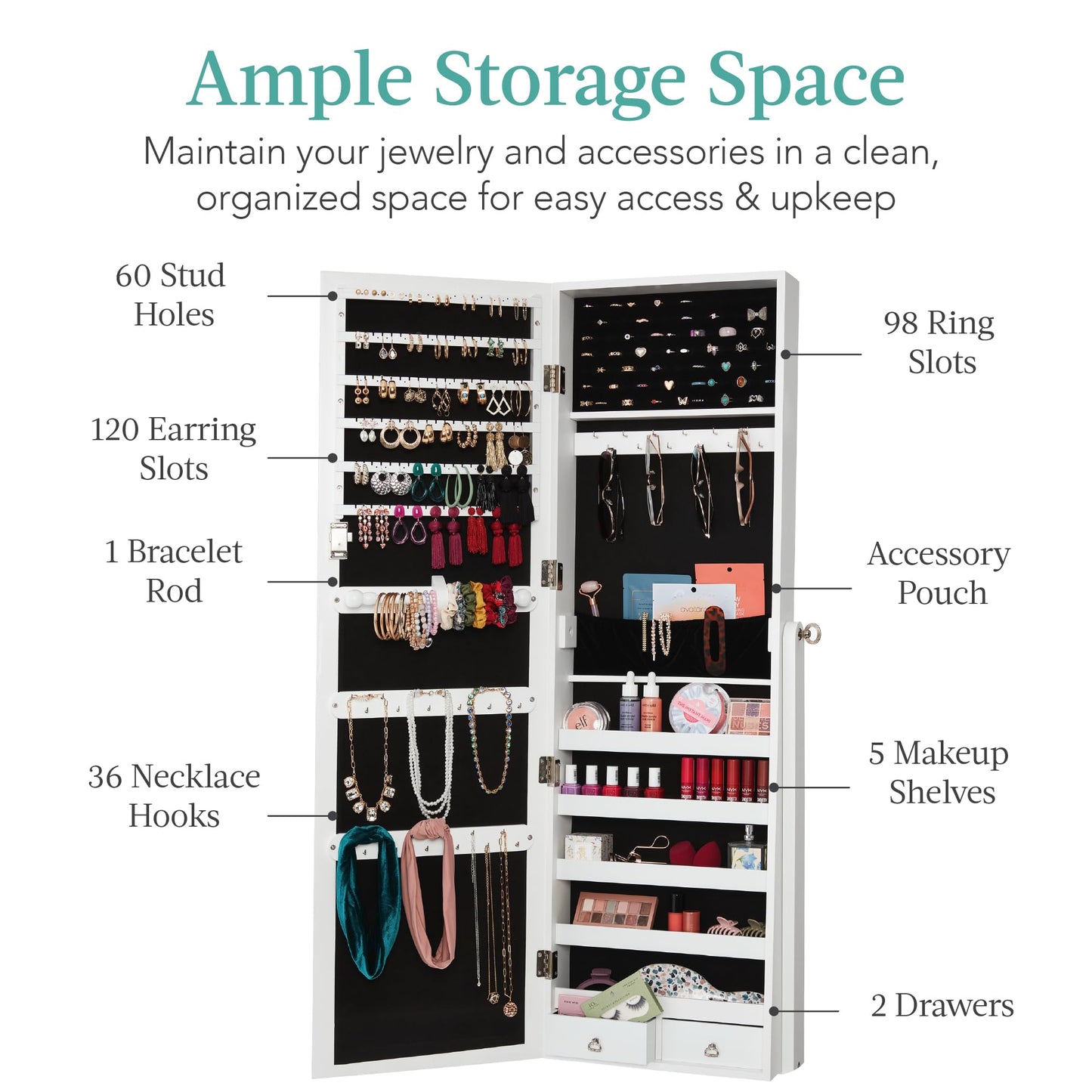 Best Choice Products Freestanding Jewelry Armoire Cabinet, Full Length Standing Mirror, Lockable Makeup Storage Organizer, w/Velvet Lining, 3 Angles, Lock, Accessory Pouch, 5 Shelves - White