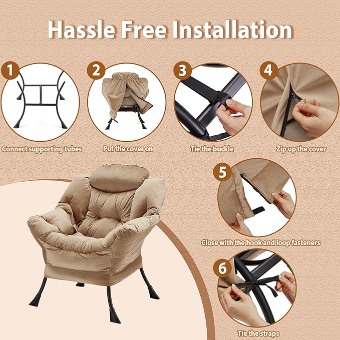 Youtanic Lazy Chair Thick Padded, Comfy Velvet Accent Lounge Chair with Stable Frame, Leisure Sofa Armchair with Armrests and Side Pocket, Reading Chair for Bedroom, Living Room, Office, Khaki