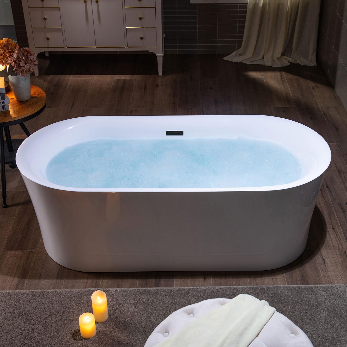 WOODBRIDGE 67" Acrylic Freestanding Bathtub Contemporary Soaking Tub with Matte Black Overflow and Drain,White Tub