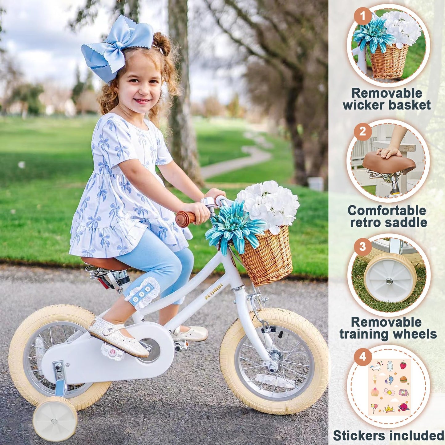 Petimini 16 Inch Little Kids Bike for Age 4 5 6 7 Years Old Girls Retro Vintage Style Bicycles with Basket Training Wheels and Bell, White