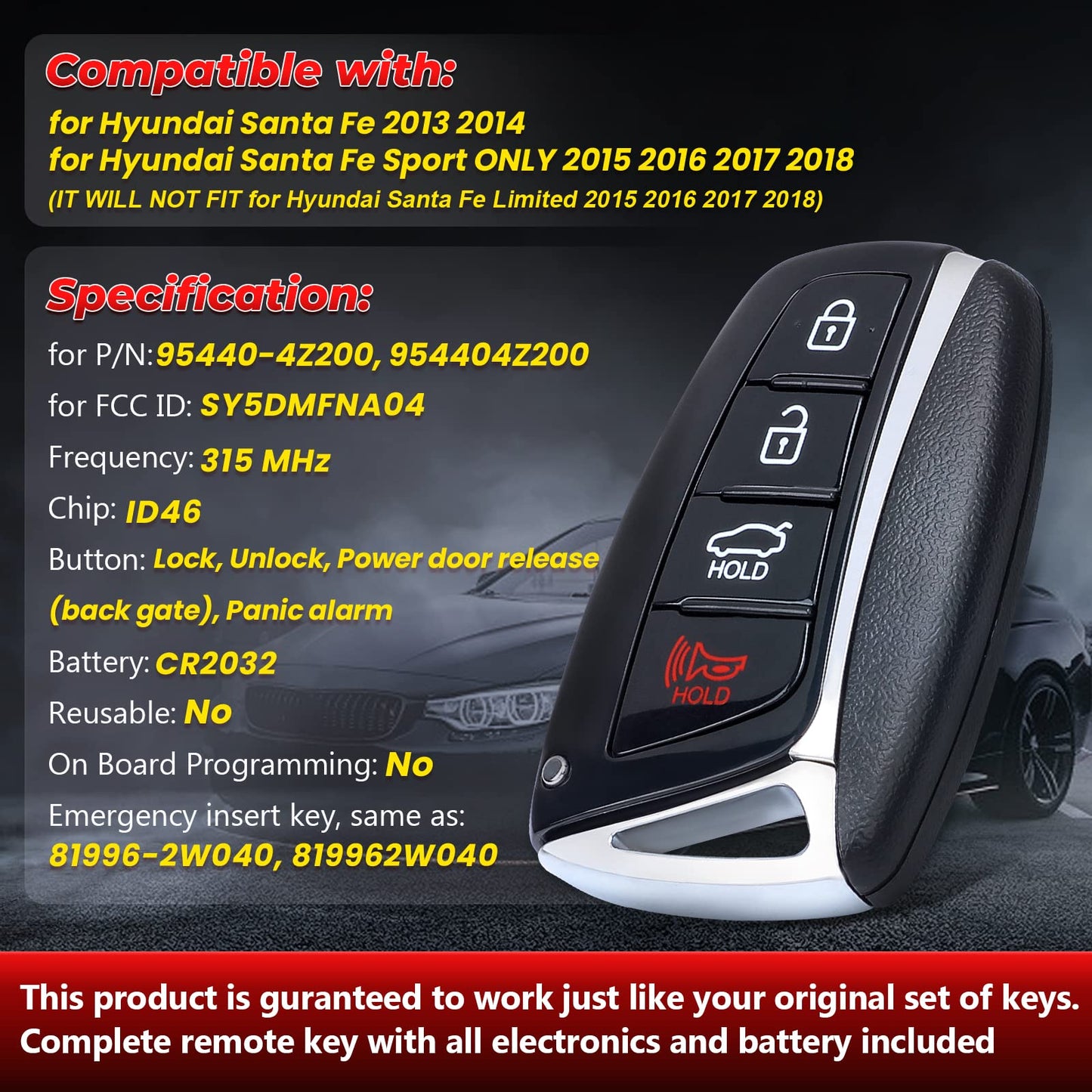 Aichiyu Key Fob Replacement Keyless Entry Smart Remote Control For Hyundai Santa Fe Sport 2013 2014 2015 2016 2017 2018 315Mhz I