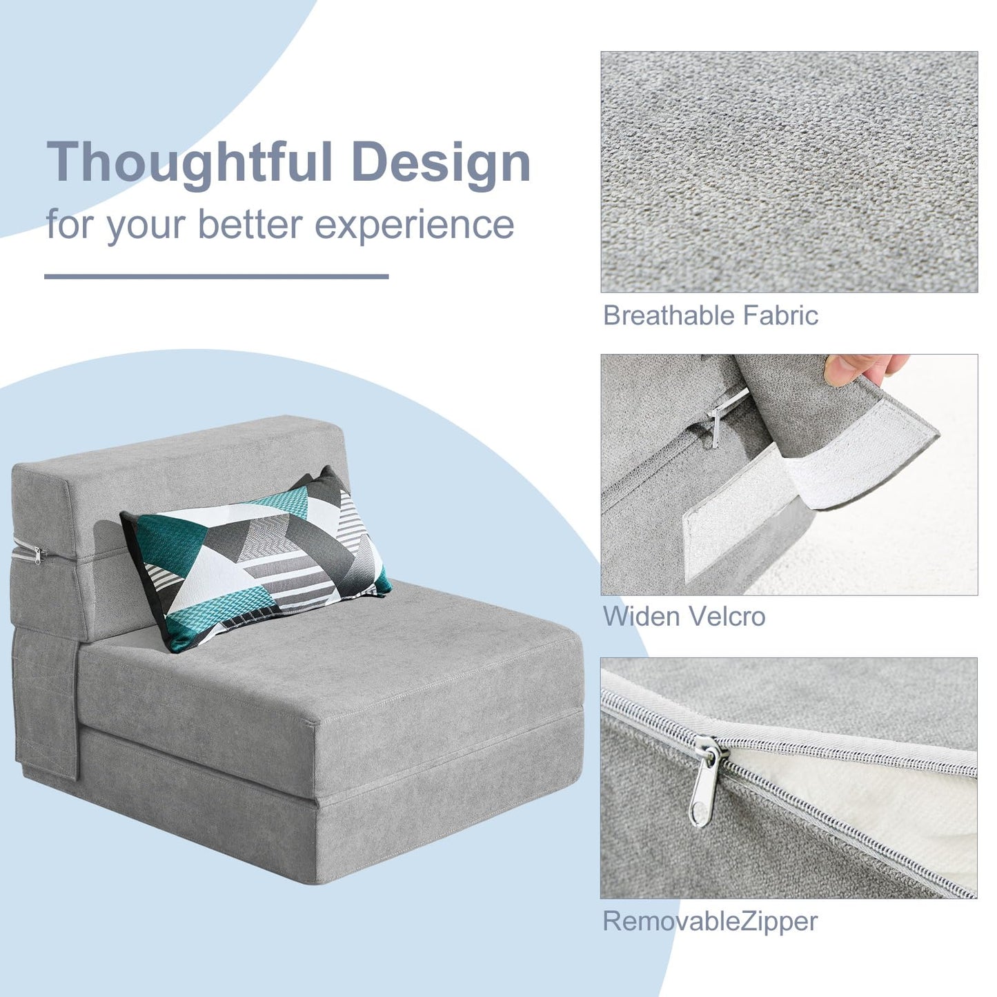 ANONER Folding Sofa Bed Couch Memory Foam Fold Out Chair Bed with Pillow, Single Size Convertible Sofa Bed Futon Sleeper Chair, Light Gray