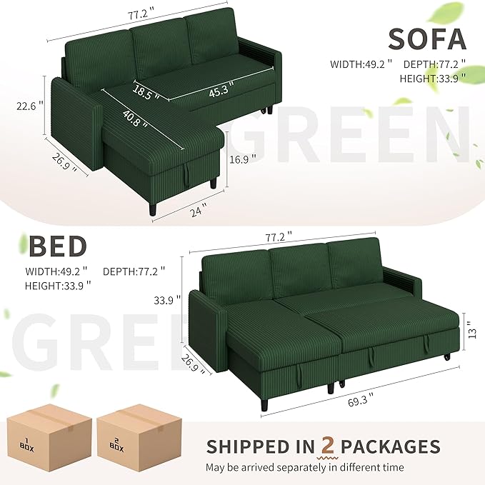 Nuturelly Sectional Sofa Couch Bed L Shaped Sleeper Sofa Bed Pull Out Bed with Storage, Reversible Sectional Couches for Living Room, Apartment, Office(Green)