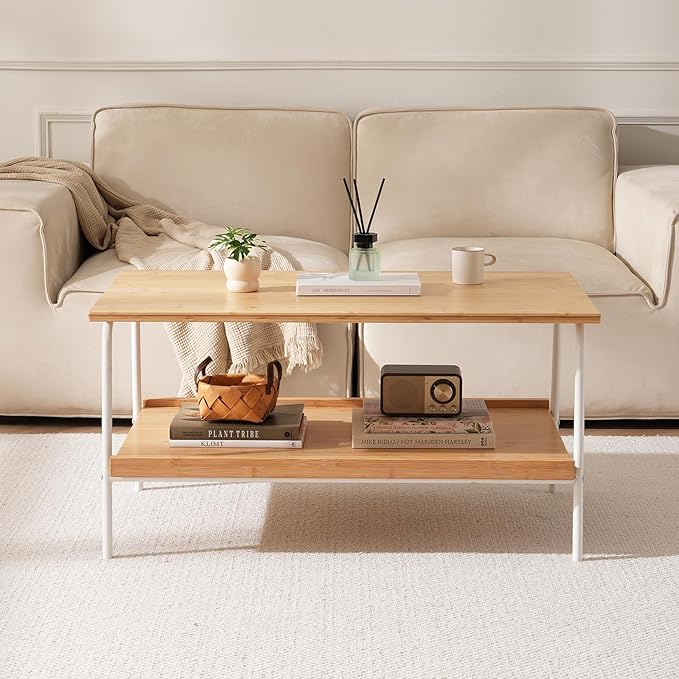 Baveke Bamboo 2 Layer Coffee Table - Tier Storage Mid Century Modern Farmhouse Center Table for Living Room, Bedroom, Office, Patio(Natural)