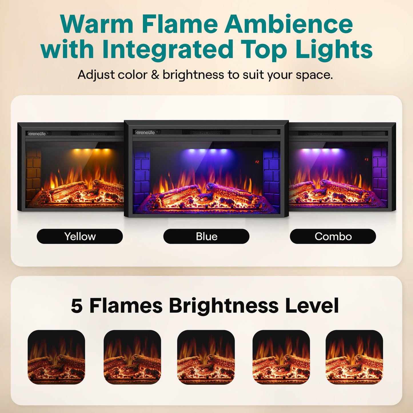 SereneLife Electric Fireplace Heater with LED Flame & Log Effects, Smart Wi-Fi, Touch Screen Panel, Remote Control, 3 Color Flame Modes, Wall Mounted Fire Place, Quiet Operation, Overheat Protection