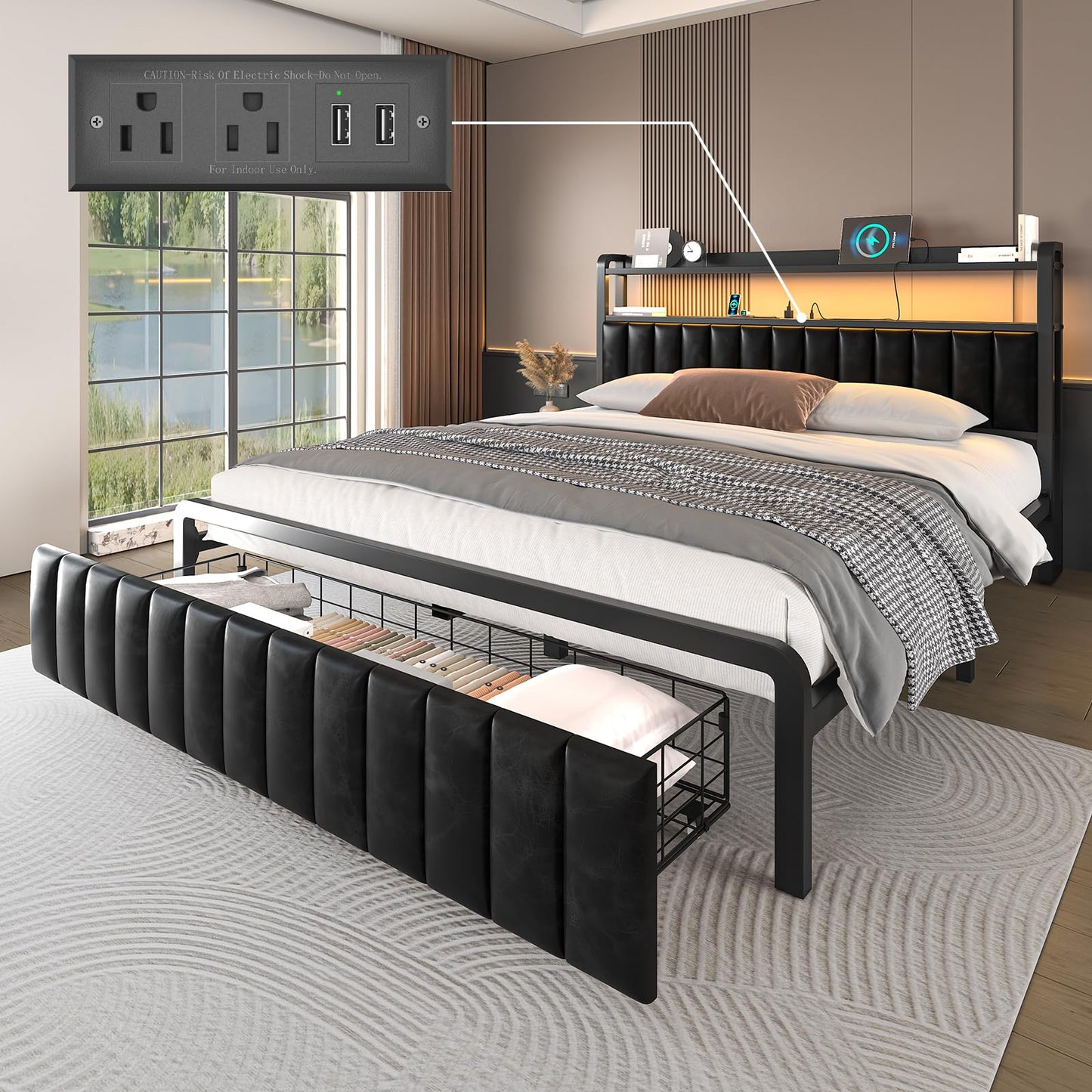 LoVinson Full Size Bed Frame with 2-Tier Storage Headboard, Metal Platform Bed Frame with Storage Drawers, Built in Charging Station & LED Light, PU Leather, Non-Slip, Easy to Assemble, Black